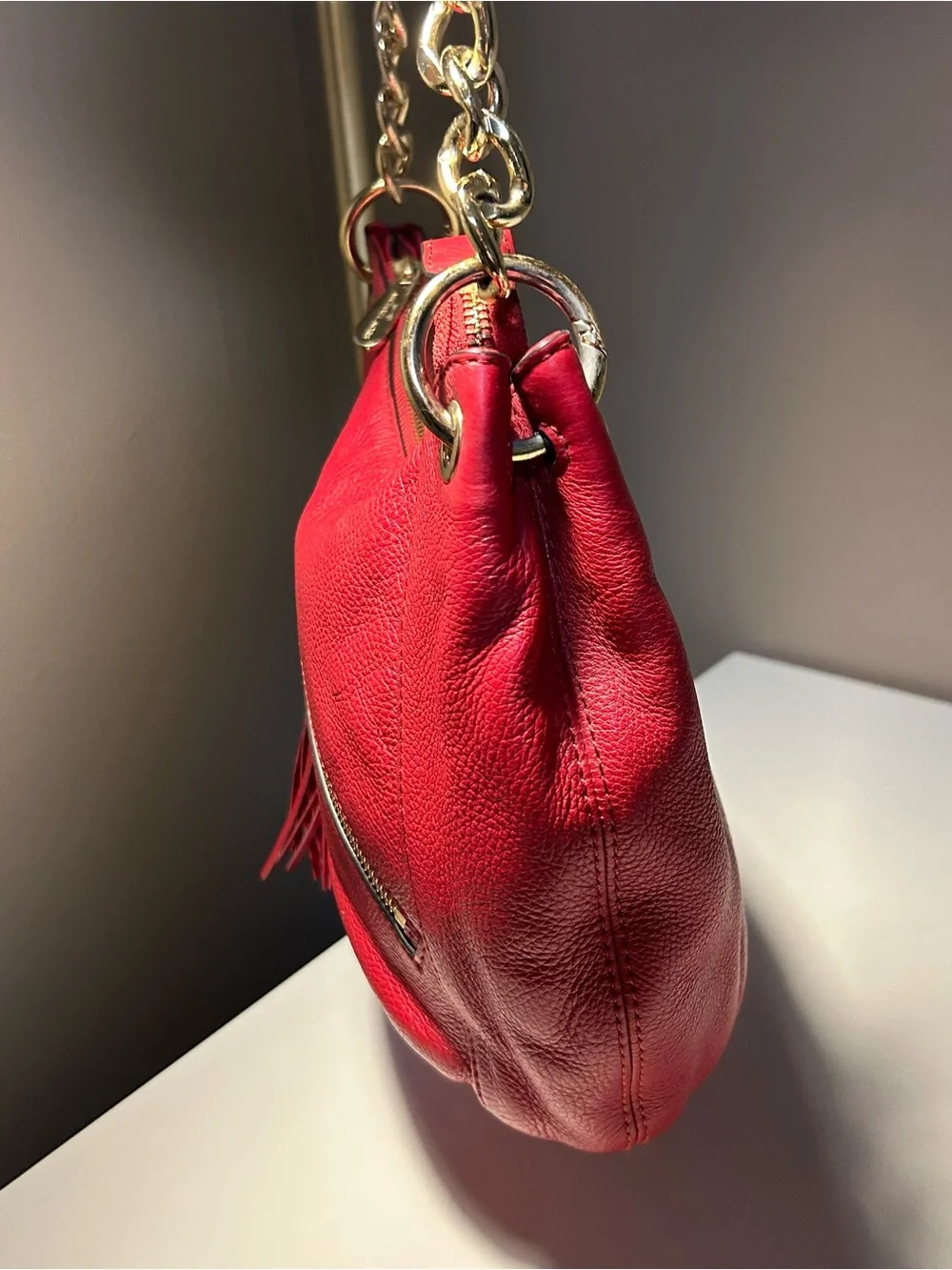 Michael Kors Red Leather Tassel Hobo Shoulder Bag Gold Hardware